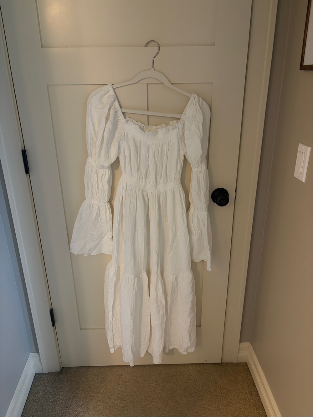 Smocked Square-Neck White Tiered Midi Dress